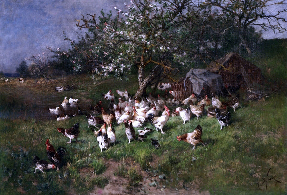  Alexandre Defaux Spring, Chickens under Flowering Apple Trees - Canvas Art Print