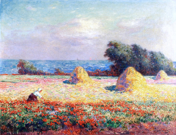  Ferdinand Du Puigaudeau Stacks of Hay and Field of Poppies - Canvas Art Print