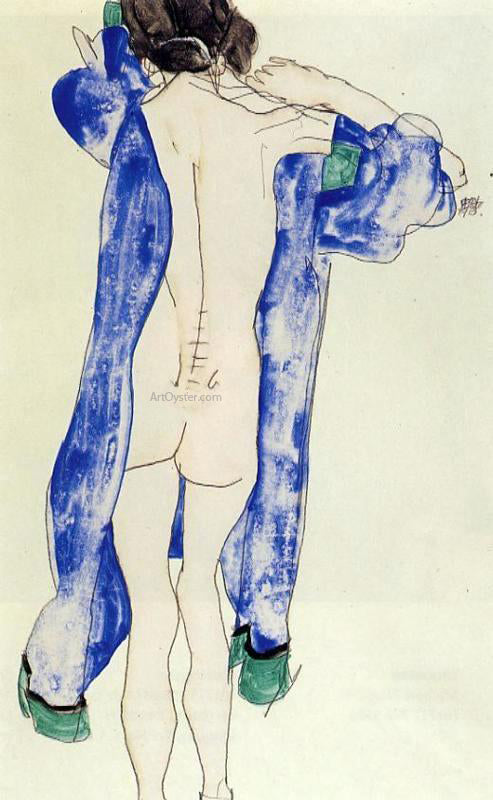  Egon Schiele Standing Female Nude in a Blue Robe - Canvas Art Print
