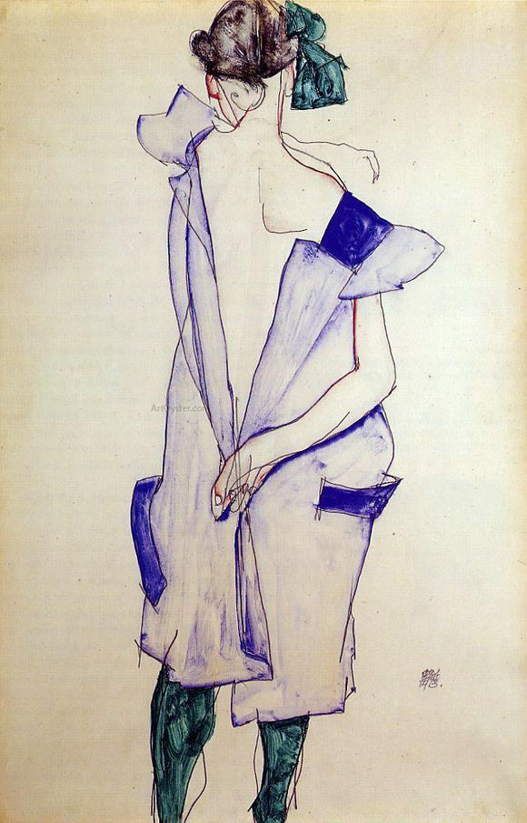  Egon Schiele Standing Girl in a Blue Dress and Green Stockings, Back View - Canvas Art Print