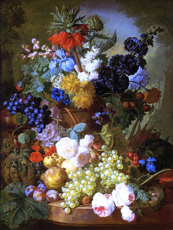  Jan Van Os Still Life of Flowers, Fruit and Bird's Nest on a Marble Ledge - Canvas Art Print