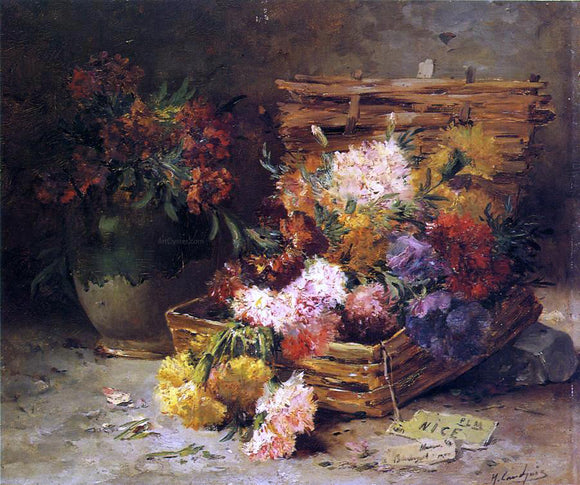  Eugene Henri Cauchois Still Life of Flowers in a Vase and a Basket - Canvas Art Print