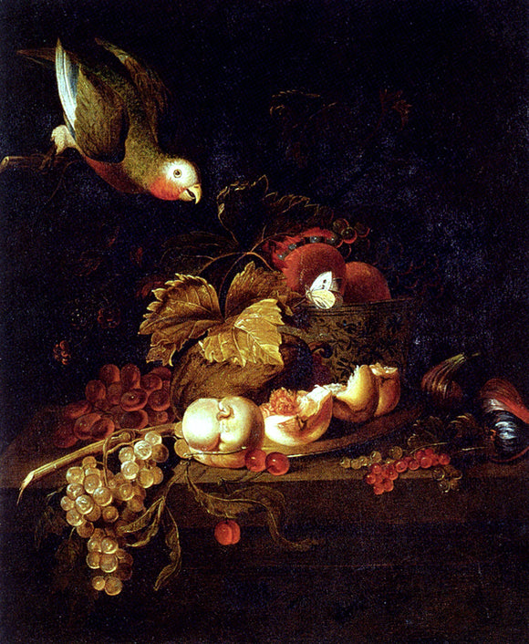  Jakob Bogdany Still Life Of Grapes, A Halved Peach And Cherries Resting On A Table With A Parrot - Canvas Art Print