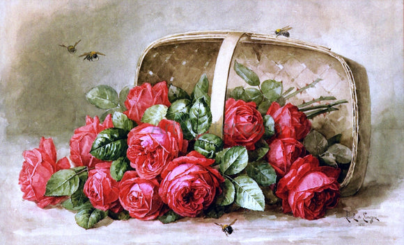  Raoul Paul Maucherat De Longpre Still Life, Roses with Bumble Bees - Canvas Art Print