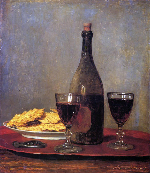  Albert Anker Still Life: Two Glass of Red Wine, a Bottle of Wine; a Corkscrew and a Plate of Biscuits on a Tray - Canvas Art Print