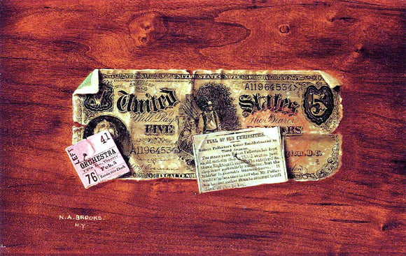  Nicholas Alden Brooks Still Life with $5 Bill, Ticket Stub and Newspaper Clipping - Canvas Art Print