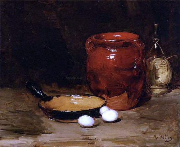  Antoine Vollon Still Life with a Pen, Jug, Bottle and Eggs on a Table - Canvas Art Print