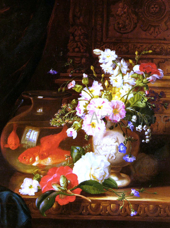  John Wainwright Still Life With Camellias, Primroses And Lily Of The Valley In An Urn By A Goldfish Bowl - Canvas Art Print