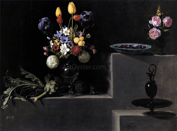  Juan Van der Hamen Still Life with Flowers, Artichokes, Cherries and Glassware - Canvas Art Print
