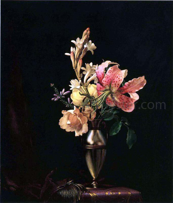  Martin Johnson Heade Still Life with Flowers in a Silver Vase - Canvas Art Print