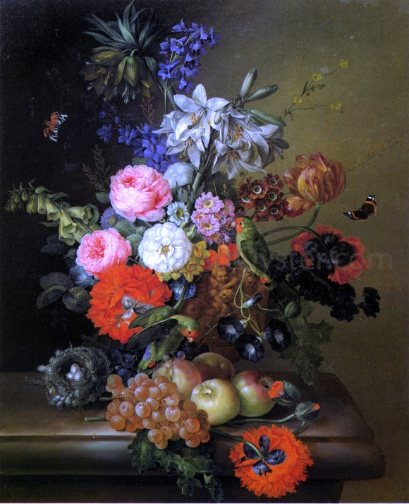  Franz Xavier Petter Still Life with Flowers, Parakeets and Butterflies - Canvas Art Print