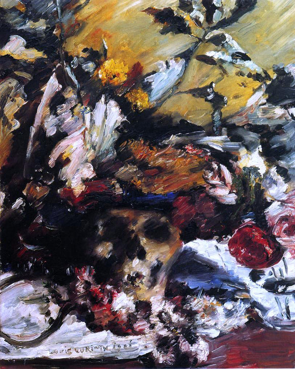  Lovis Corinth Still Life with Flowers, Skull and Oak Leaves - Canvas Art Print