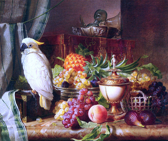 Josef Schuster Still Life with Fruit and a Cockatoo - Canvas Art Print