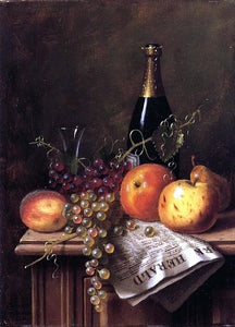  William Michael Harnett Still Life with Fruit, Champagne Bottle and Newspaper - Canvas Art Print