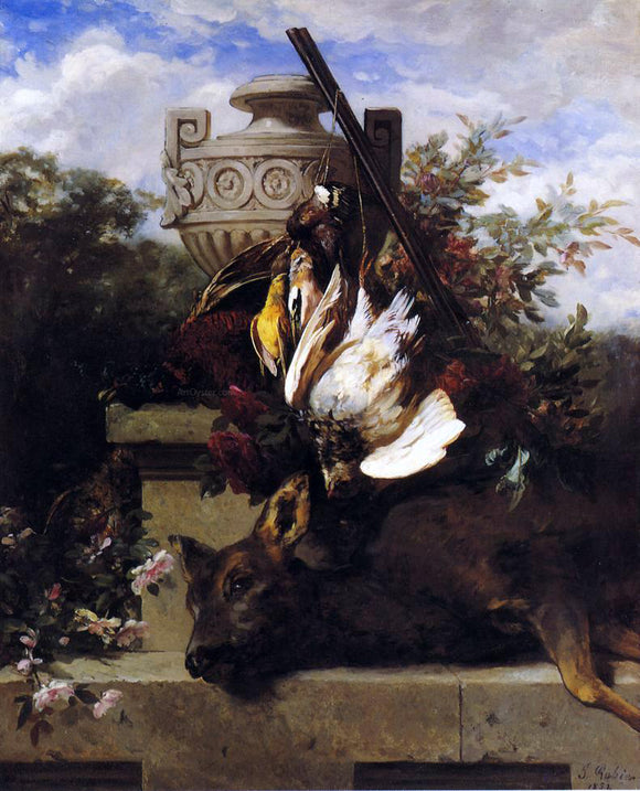  Jean Baptiste Robie Still Life with Game and a Rifle on a Marble Ledge with an Urn in a Flowery Landscape - Canvas Art Print