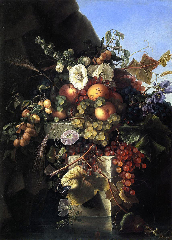  Adelheid Dietrich Still Life with Grapes, Peaches, Flowers and a Butterfly - Canvas Art Print