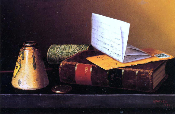  William Michael Harnett Still Life with Ink Bottle, Book and Letter (also known as Still Life with Universal Gazetteer) - Canvas Art Print