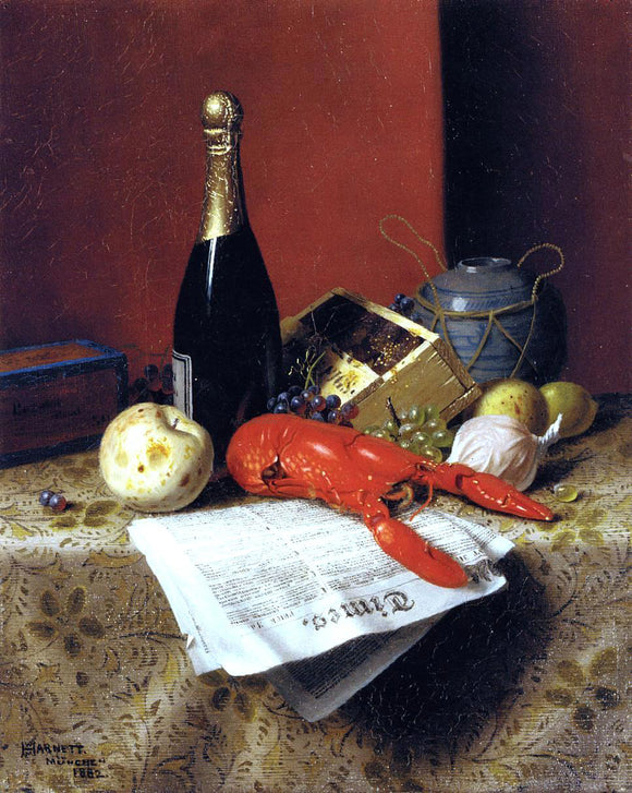  William Michael Harnett Still Life with Lobster, Fruit, Champagne and Newspaper - Canvas Art Print