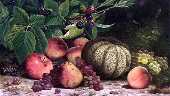  William Mason Brown Still Life with Melon, Grapes, Peaches, Pears and Black Raspberries - Canvas Art Print