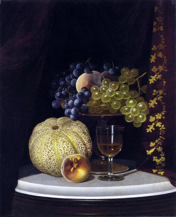  William Mason Brown Still Life with Melon, Peach, Fruit-Filled Compote and Glass of Wine on a Marble Table Top - Canvas Art Print