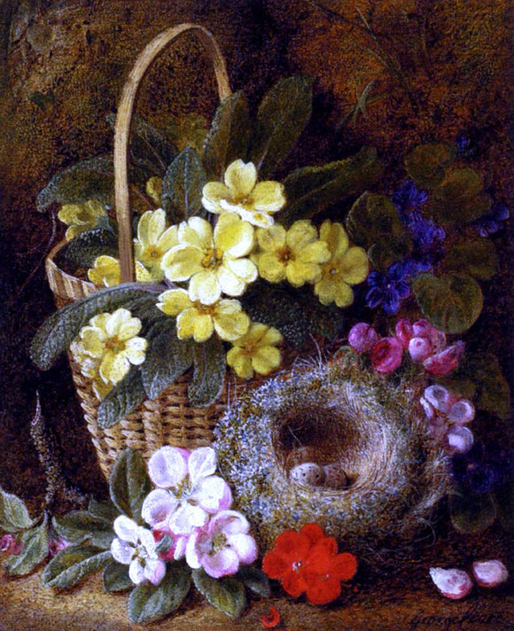  George Clare Still Life with Primroses, Violas, cherry Blossom and Geraniums and a Thrush's Nest - Canvas Art Print