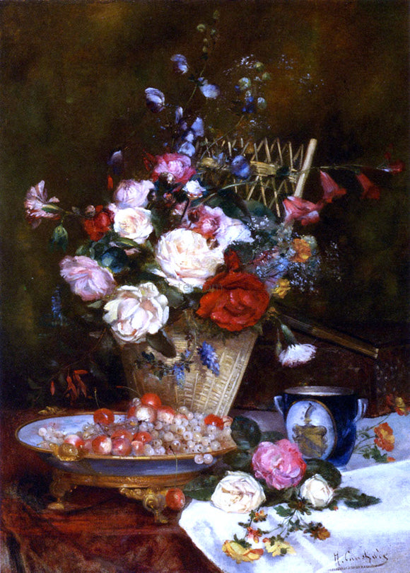  Eugene Henri Cauchois Still Life With Roses, Cherries And Grapes - Canvas Art Print