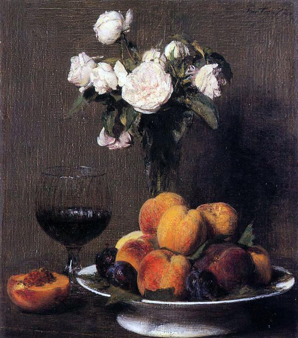  Henri Fantin-Latour Still Life with Roses, Fruit and a Glass of Wine - Canvas Art Print