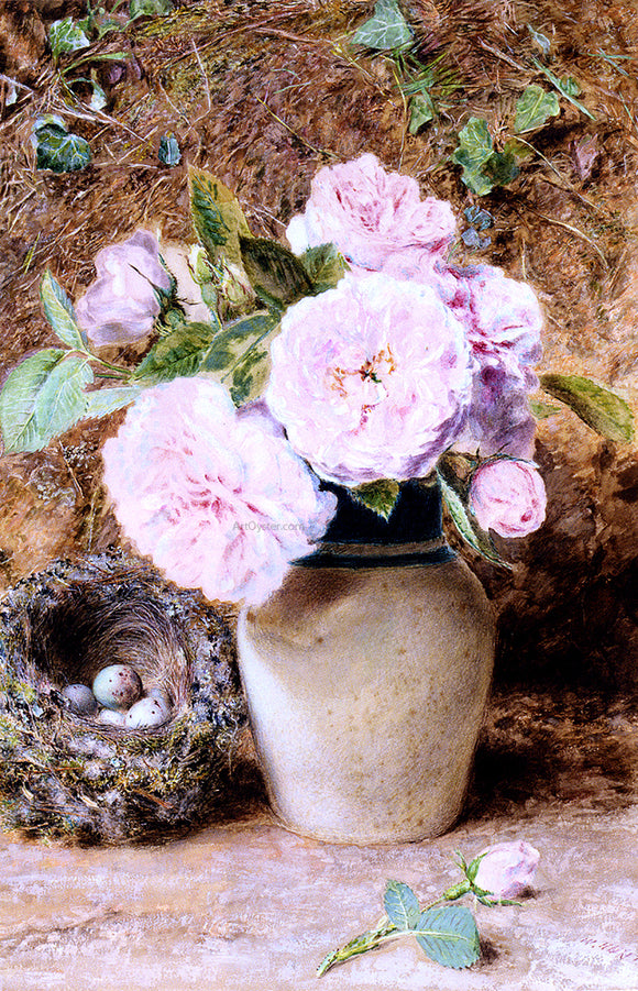  William Henry Hunt Still Life With Roses In A Vase And A Birds Nest - Canvas Art Print
