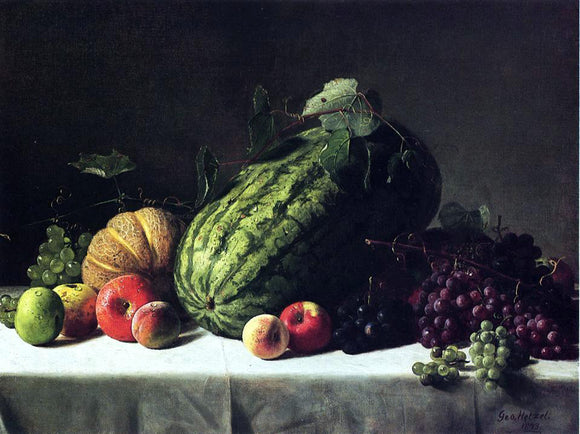  George Hetzel Still Life with Watermelon, Cantaloupe and Grapes - Canvas Art Print