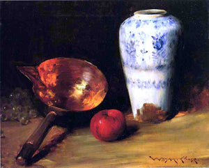  William Merritt Chase Still Life with China Vase, Copper Pot, an Apple and a Bunch of Grapes - Canvas Art Print