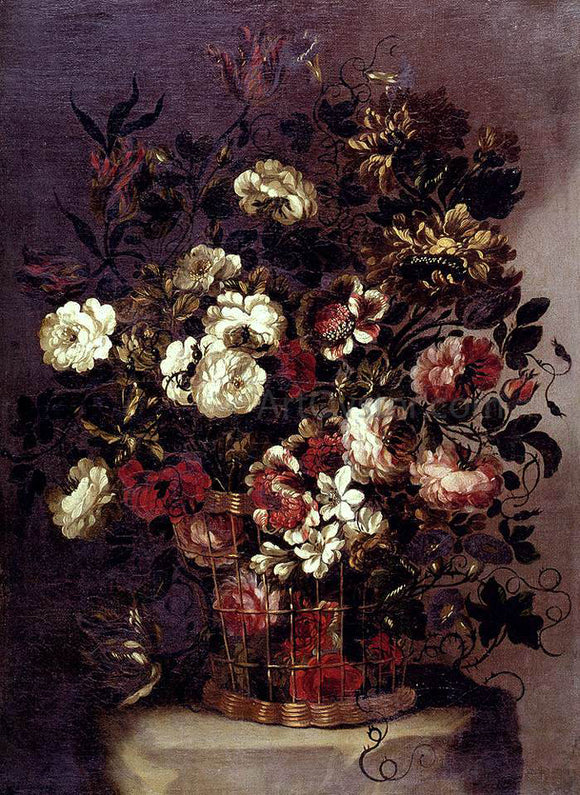  Gabriel De La Corte Still-Life of Flowers in a Woven Basket - Canvas Art Print