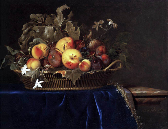  Willem Van Aelst Still-Life with a Basket of Fruit on a Marble Ledge - Canvas Art Print