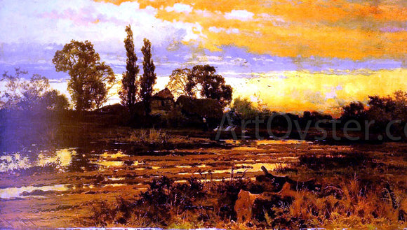  John Horace Hooper Sunset: a Figure feeding Geese in a Marsh Landscape - Canvas Art Print