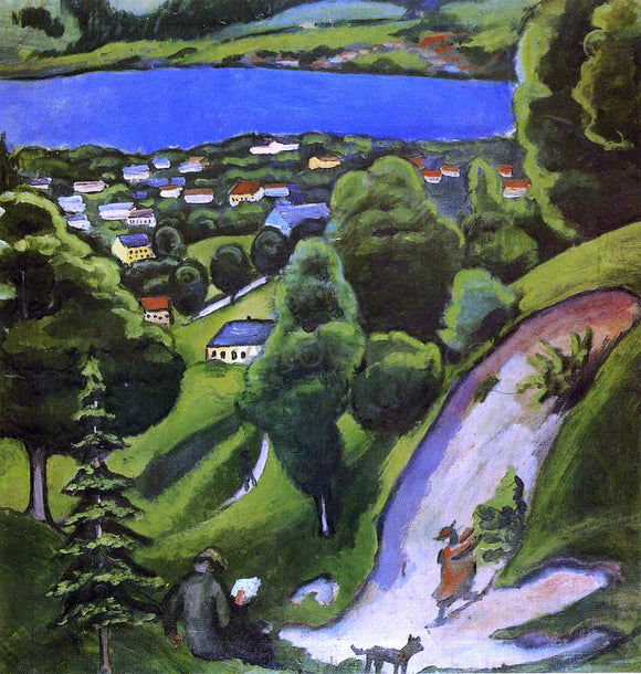  August Macke Tegernsee Landscape with Man Reading and Dog - Canvas Art Print