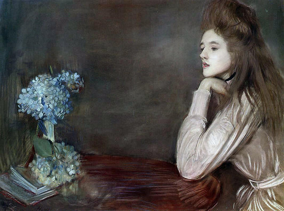  Paul Cesar Helleu The Lioness with Blue Hydrangeas - Canvas Art Print