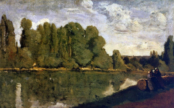  Jean-Baptiste-Camille Corot The Rhone - Three Women on the Riverbank Seated on a Tree Trunk - Canvas Art Print