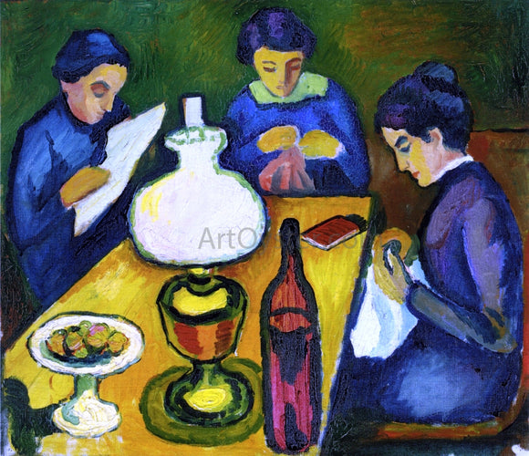  August Macke Three Women at the Table by the Lamp - Canvas Art Print