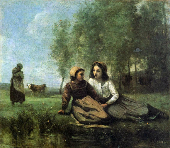  Jean-Baptiste-Camille Corot Two Cowherds in a Meadow by the Water - Canvas Art Print