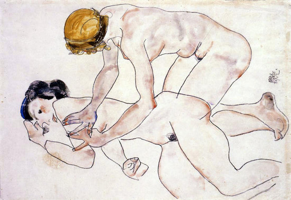  Egon Schiele Two Female Nudes, One Reclining, One Kneeling (also known as The Friends) - Canvas Art Print