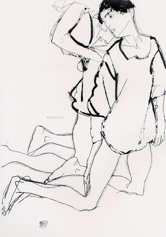  Egon Schiele Two Kneeling Figures (also known as Parallelogram) - Canvas Art Print