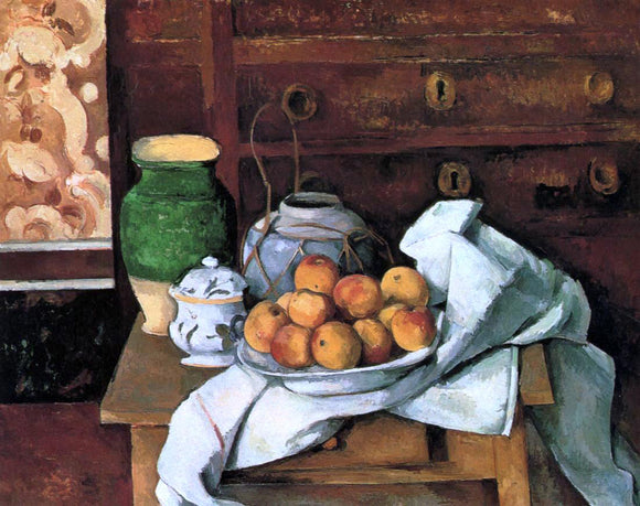  Paul Cezanne Vessels, Fruit and Cloth in front of a Chest - Canvas Art Print