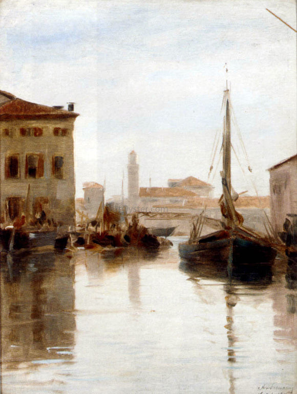  Adolf Schwarz Vessels Moored on a Venetian Backwater - Canvas Art Print