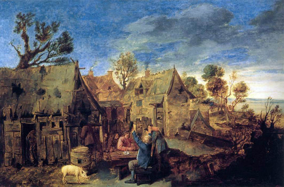  Adriaen Brouwer Village Scene with Men Drinking - Canvas Art Print