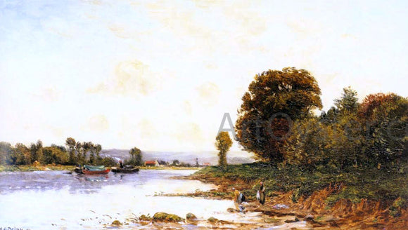  Hippolyte Camille Delpy Washerwomen in a River Lanscape with Steamboats beyond - Canvas Art Print