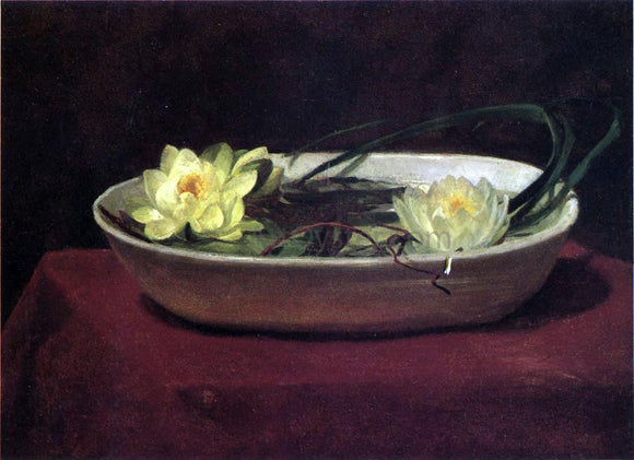  John La Farge Water-Lilies in a White Bowl - with Red Table Cover - Canvas Art Print