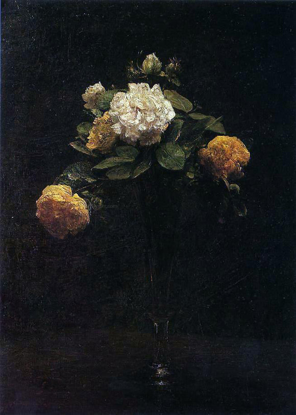  Henri Fantin-Latour White and Yellow Roses in a Tall Vase - Canvas Art Print
