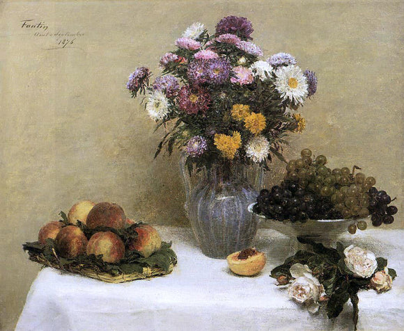  Henri Fantin-Latour White Roses, Chrysanthemums in a Vase, Peaches and Grapes on a Table with a White Tablecloth - Canvas Art Print