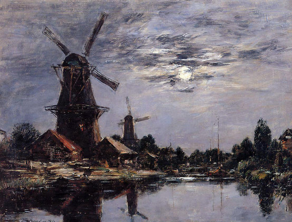  Eugene-Louis Boudin Windmills and Canel near Dordrecht - Canvas Art Print