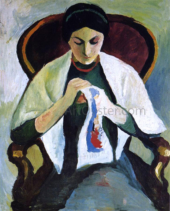  August Macke Woman Embroidering in an Armchair: Portrait of the Artist's Wife - Canvas Art Print
