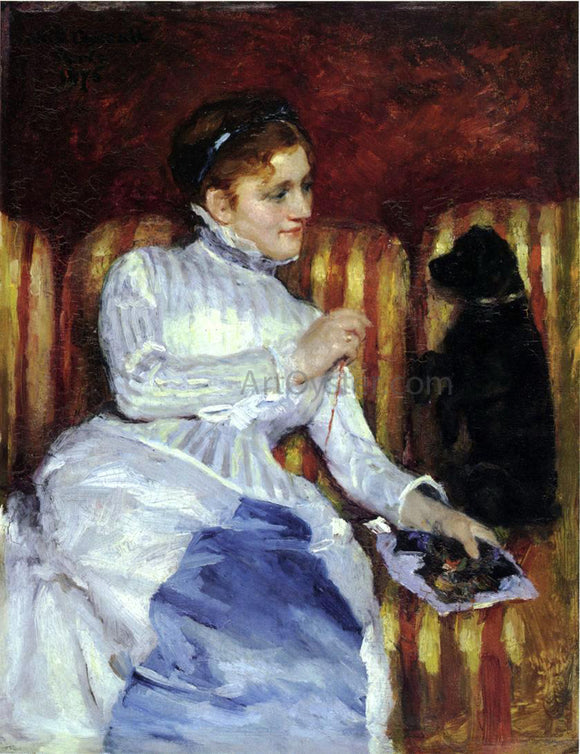  Mary Cassatt Woman on a Striped with a Dog (also known as Young Woman on a Striped Sofa with Her Dog) - Canvas Art Print